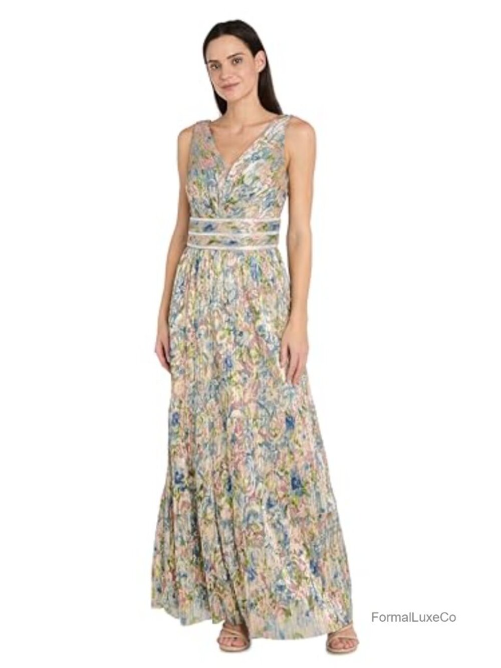 Sleeveless V-Neck Floral Metallic Crinkle Gown with Rhinestone Waist